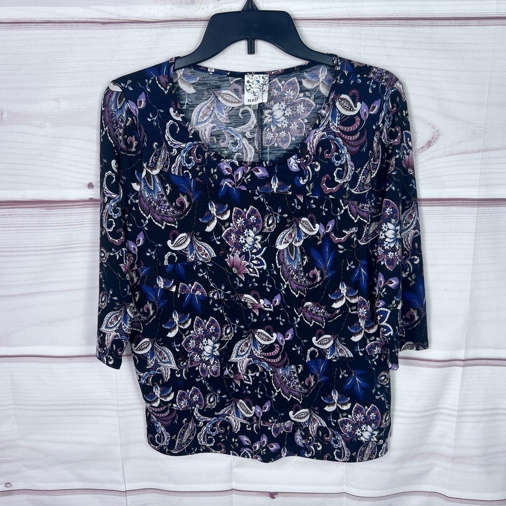 Naif Top Women PL Black Floral Blouse Tiered 3/4 Sleeve Scoop Neck Knit Pullover